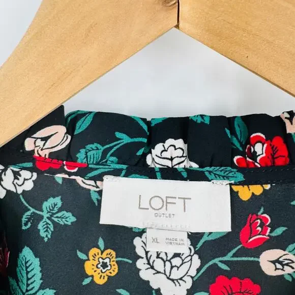 LOFT Black Dark Floral Feminine Romantic Office Modest Top Size XL - Picture 3 of 7